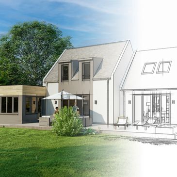A house design transitioning from sketch to full color rendering.
