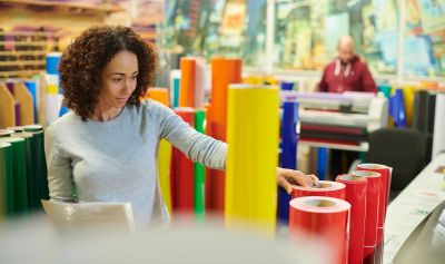 Rolls of colorful vinyl for custom signs, banners and decals printed at B & B Shipping in Leadville