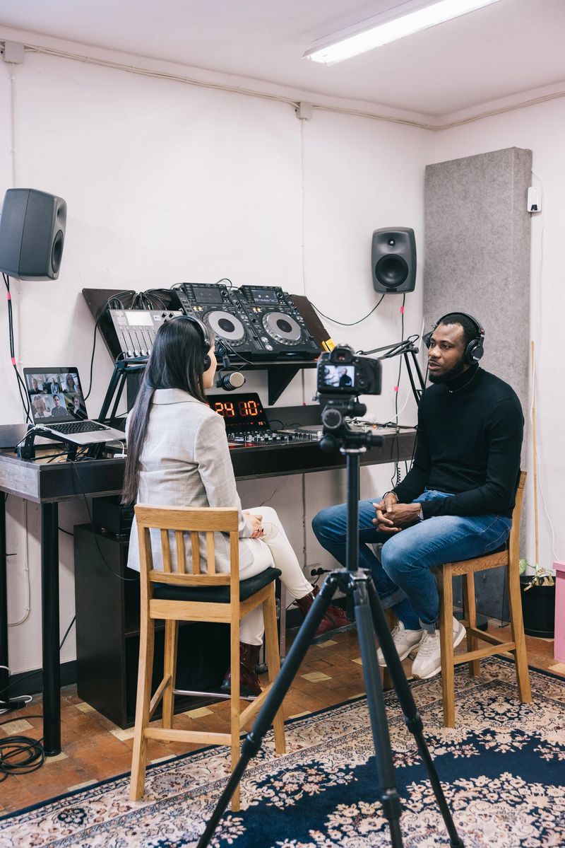 Colleagues making a podcast for radio sation.