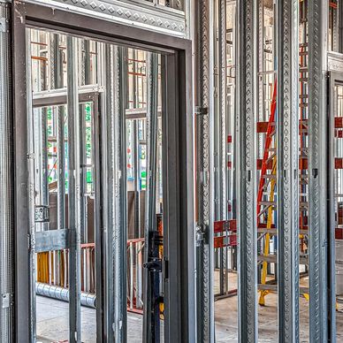 Metal framing inside a building under construction.