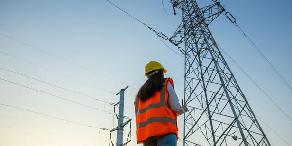 Engineer inspecting high-voltage power lines wearing safety gear.