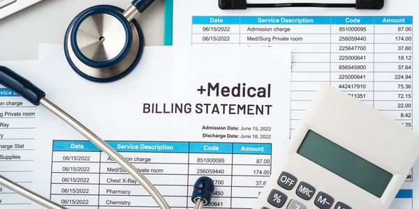 Medical billing statement with stethoscope and calculator on a desk.