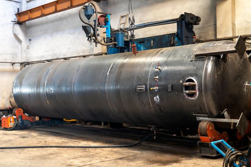 View of hydrostatic test of pressure cylindrical tank or pressure vessel and safety valve (check valve). It is a way in which pressure vessels such as pipelines, plumbing, gas cylinders and boilers.
