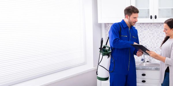 Pest control technician consulting with a woman indoors.
