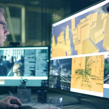 Person analyzing 3D architectural models on multiple monitors.