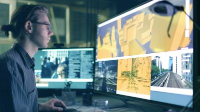 Man analyzing urban planning visuals on multiple monitors.