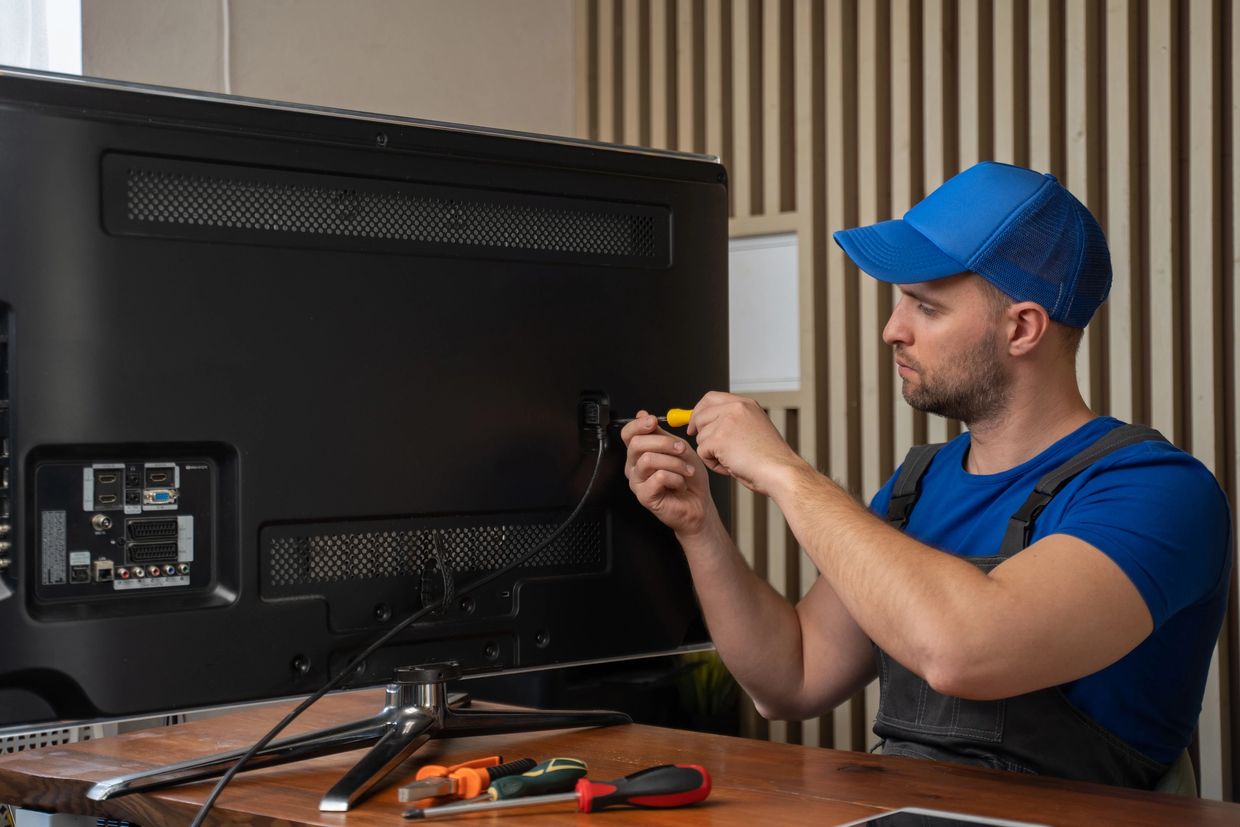 Technician repairing a television with screwdrivers on the table.