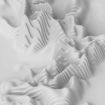 Abstract white 3D topographic waves with smooth layered ridges.