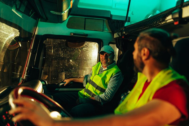 Two trucker friends are ready for the night drive