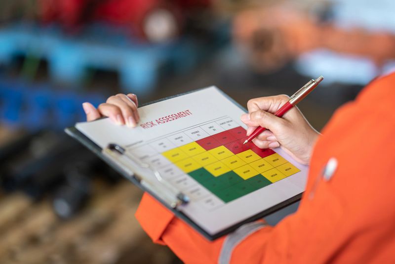 Action of a person is using ballpoint pen to marking on the risk assessment matrix table at "High risk" level. Industrial or business working action scene photo. Close-up and selective focus.