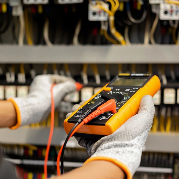 Person using a multimeter to test electrical circuits.