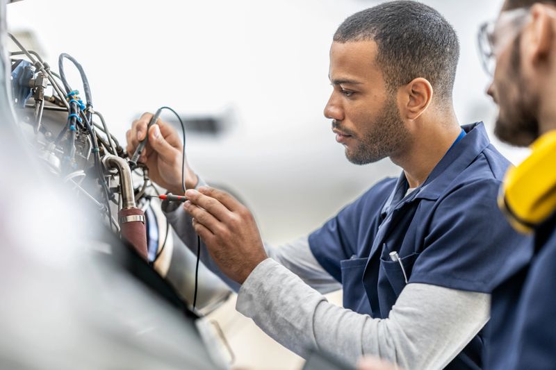 Aircraft engineers examining helicopter engine with multimeter, close up. Mechanics in uniforms working in hangar, side view