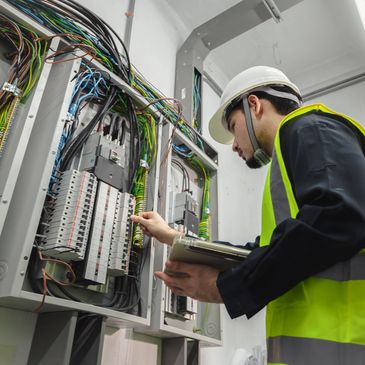 Electrician inspecting circuit breakers in an electrical panel.