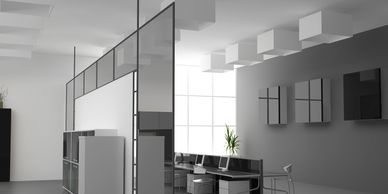 Modern minimalist office space with clean lines and monochrome palette.