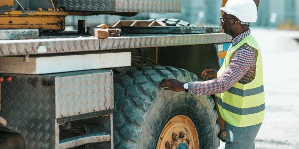 Worker inspecting a large vehicle tire on a construction site.