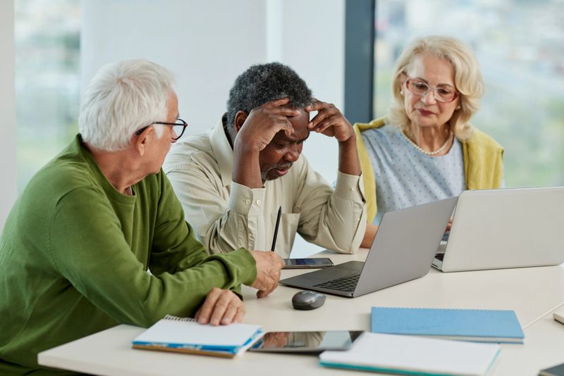 The multicultural senior students having trouble solving a web design problem on a laptop while sitting in a classroom.