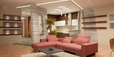 Modern living room with a red sectional sofa and elegant lighting.