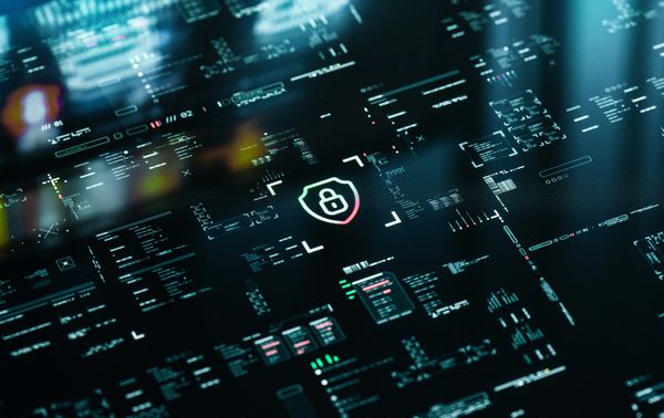 Digital interface with a central security lock icon, highlighting cybersecurity.