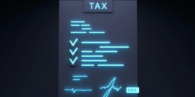 Digital stylized tax document with glowing text and checkmarks.