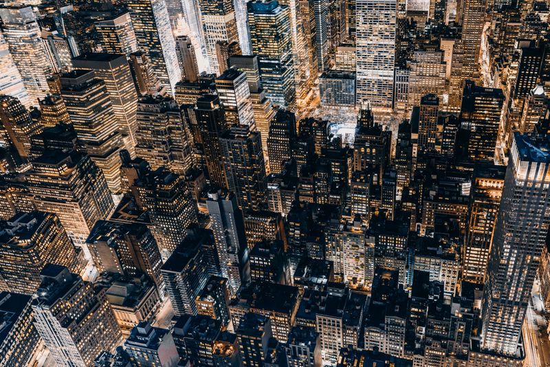 Aerial View of Buildings in Manhattan at Night / NYC