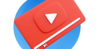 3D icon of a red video player with play and pause buttons on a blue circular background.