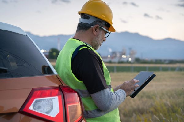 Construction worker using a tablet next to a car at sunset.