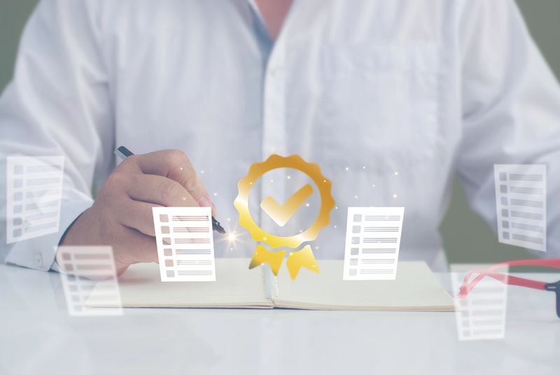 Businessman working to check documents of a symbol of top service. Standard,Quality Assurance,  ISO certification and standardization concept, satisfaction, service experience.