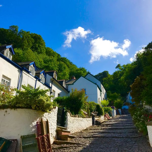Sunny cobblestone street lined with white houses and greenery under a blue sky.