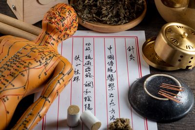 An array of Traditional Chinese medicine tools including acupuncture needles.
