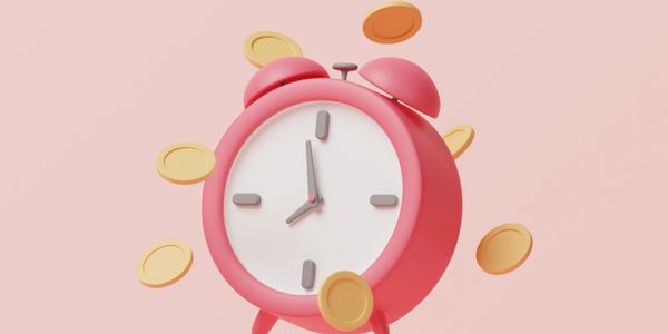 A pink alarm clock surrounded by floating gold coins on a pastel background.