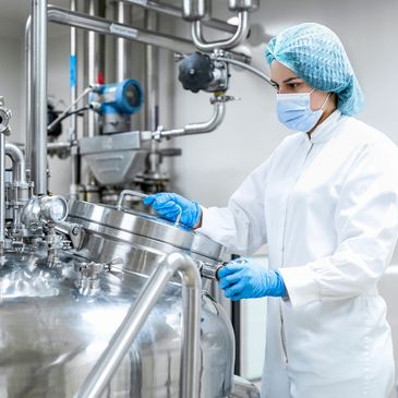 A technician in protective gear operates stainless steel industrial equipment in a sterile environment.