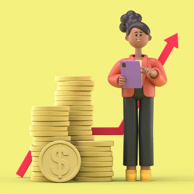 3D illustration of a woman with coins and an upward graph arrow.