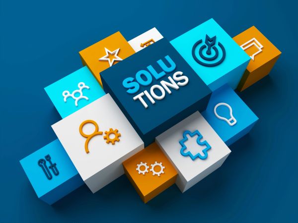 3D blocks with the word 'SOLUTIONS' and various icons.