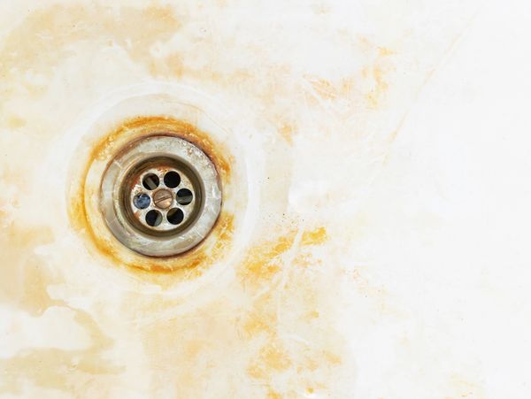 Rusty drain in a stained white sink.