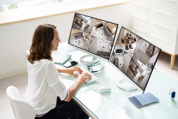 Woman monitors security camera feeds on two large computer monitors in a bright office.