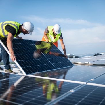 Dos trabajadores instalan paneles solares bajo un cielo azul.