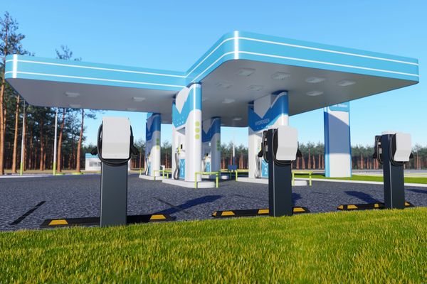 a blue gas station