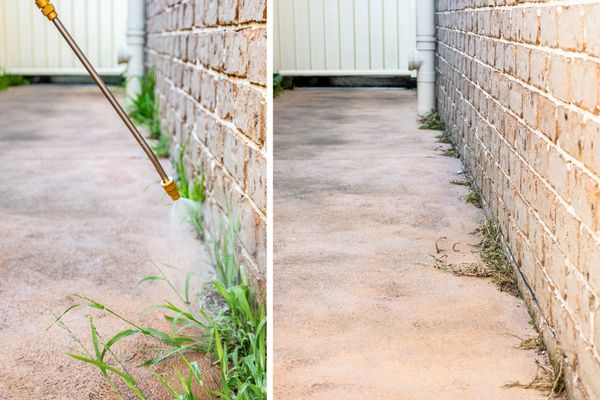 Before and after image of weed removal using a spray wand along a brick wall pathway.