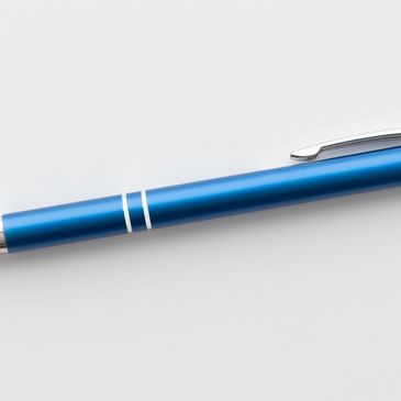 A sleek blue ballpoint pen with silver accents on a white background.