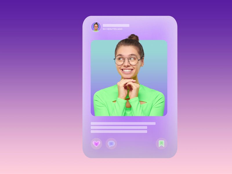 Post in social networks of happy excited young girl looking aside with cheerful facial expression, female blogger sharing good vibes, positive emotions and affirmations with followers