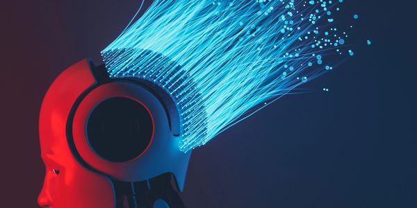 Futuristic AI head with glowing fiber optic cables.