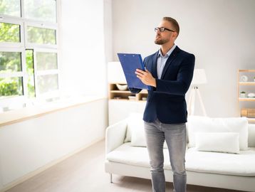 Man in glasses holding clipboard in a bright living room.