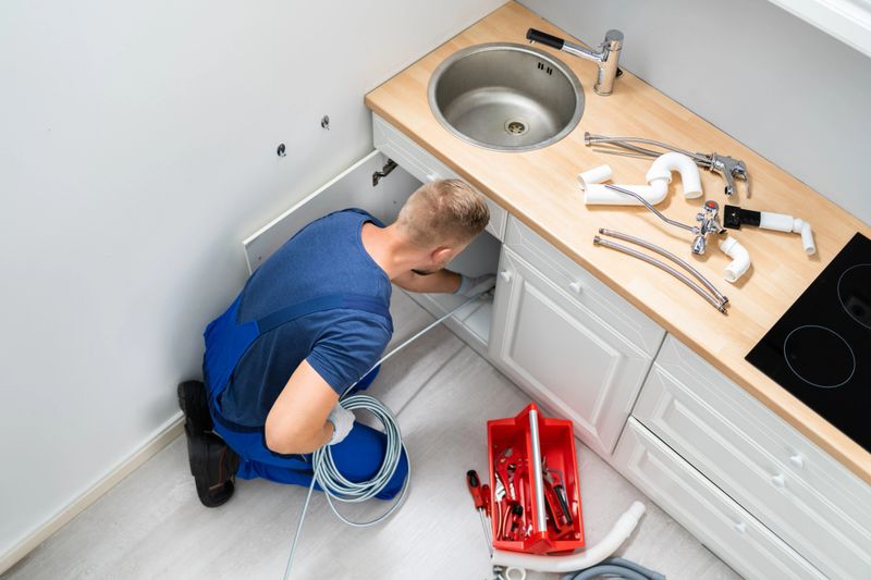 Male Plumber Cleaning Clogged Sink Pipe In Kitchen