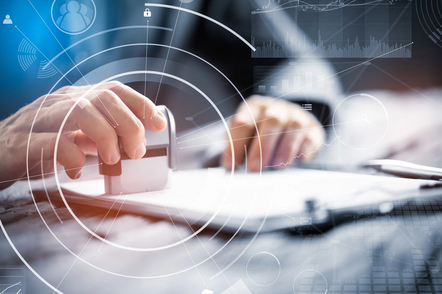 A person stamping a document with digital data overlays.