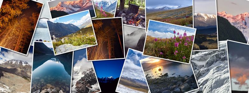 Panorama collage of photos of a trip to the Altai of Russia. Beautiful landscape of forests and mountains of Siberia. Amazing nature of Russia, Altai Krai
