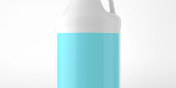 White plastic jug with a blue label on a plain white background.