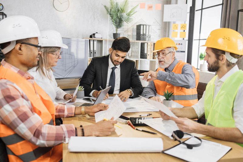 Multiracial men and women in formal outfit and helmets sitting at table with lots of blueprints during important strategic session. Business people working on common construction project.