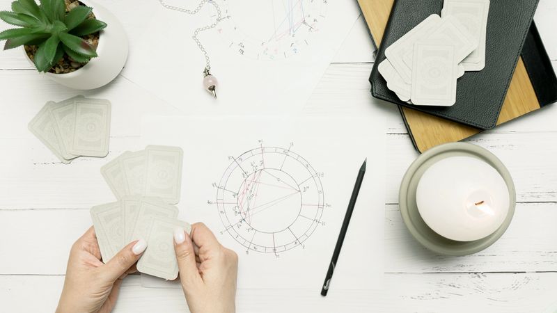 Astrological forecast, mysticism and science concept. Natal Astrology charts at spiritual seance. Fate And Karma. Fortune telling on divination cards