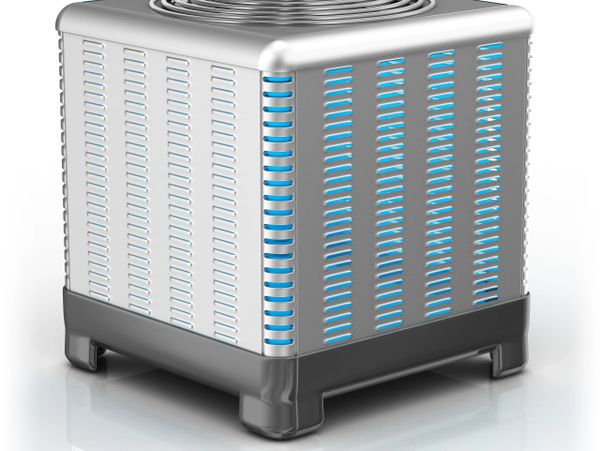 Modern air conditioning unit with sleek metallic design and blue accents.