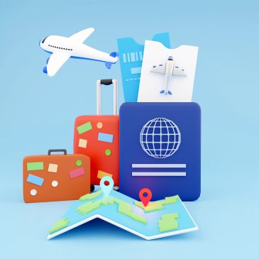 Ilustración de viaje con maletas, pasaporte y avión.